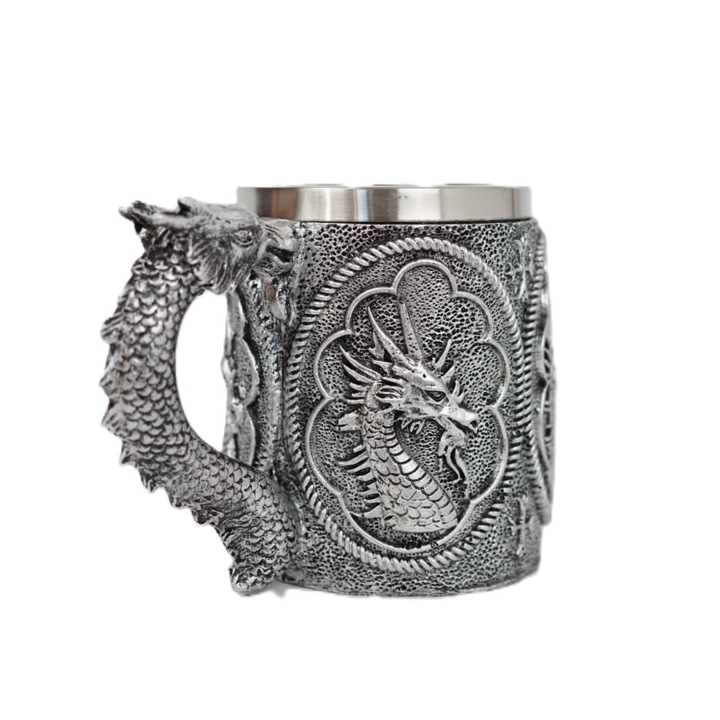 Halba de bere model Dragon Argintiu, din Otel Inoxidabil si Rasina, Cana medievala, Cana Viking, Capacitate 400ml
