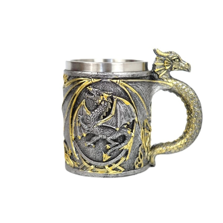 Halba de bere model Dragon Auriu, din Otel Inoxidabil si Rasina, Cana medievala, Cana Viking, Capacitate 400ml, Auriu