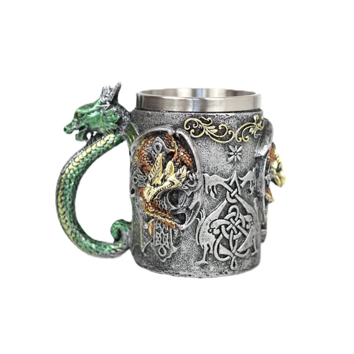 Halba de bere model Dragon Color, din Otel Inoxidabil si Rasina, Cana medievala, Cana Viking, Capacitate 400ml