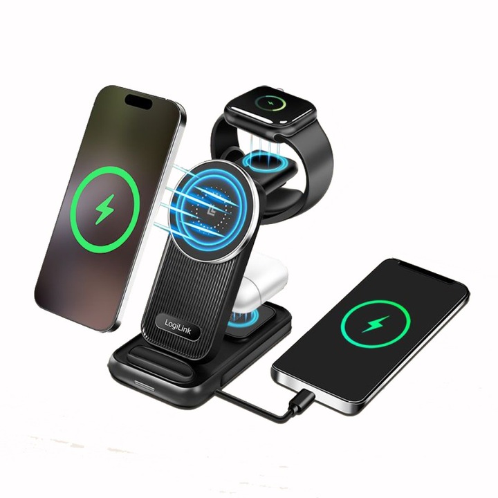 Statie de incarcare wireless USB-C 4 in 1 compatibila cu Apple MagSafe 20.5W Negru, Logilink, I-CHARGE-WR420