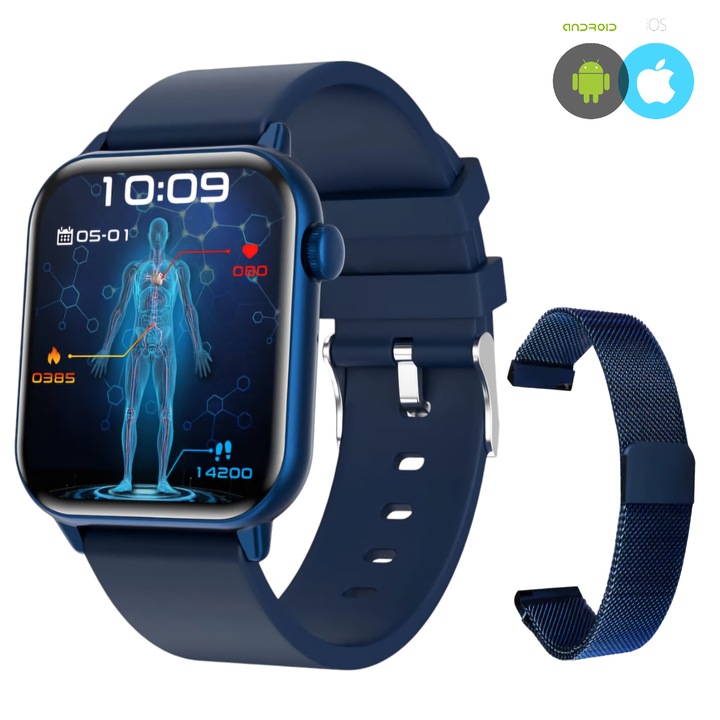 ZENARK® MedFit 7 LITE SmartWatch, Super AMOLED екран, Ultra HD 4K 390x450 резолюция, Мониторинг на глюкоза, кръвно налягане, сърдечен ритъм, насищане с кислород, телесна температура, менструация, метаболитна ефективност, 100+ спорта, син