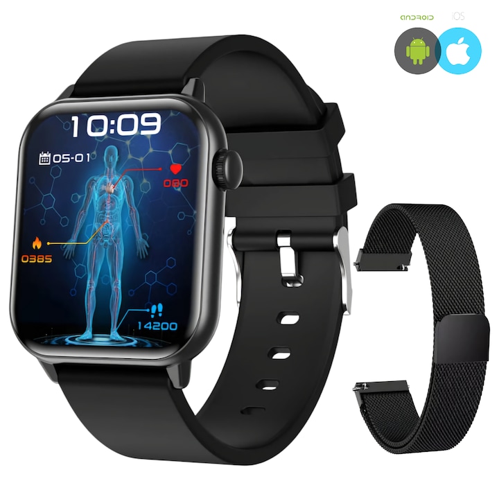 ZENARK MedFit 7 LITE SmartWatch, Super AMOLED екран, Ultra HD 4K 390x450 резолюция, Мониторинг на глюкоза, кръвно налягане, сърдечен ритъм, насищане с кислород, телесна температура, менструация, метаболитна ефективност, 100+ спорта, черен