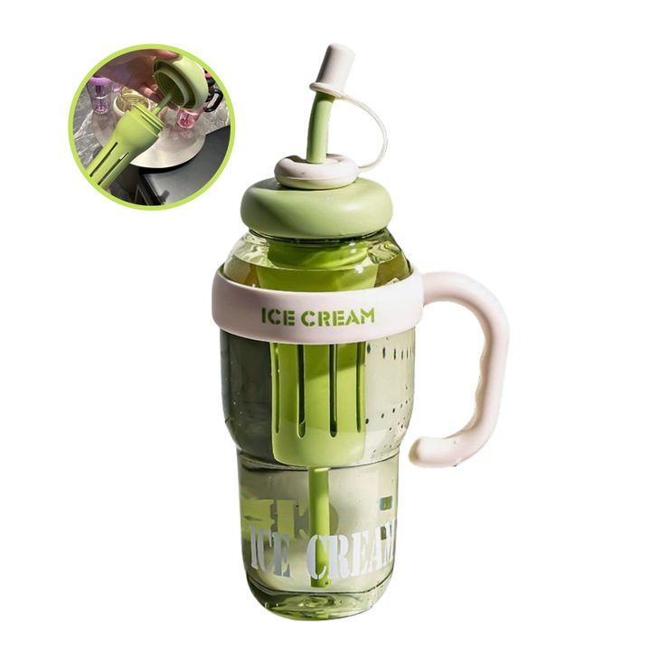 Sticla de apa sport, Bidoane si shakere, Sticla de apa motivationala, Capacitate mare cu maner, reutilizabila, portabila, cu pai incorporat, 1.3L, verde