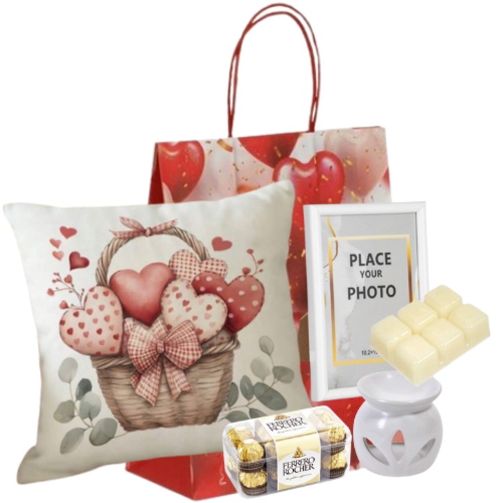 Pachet cadou pentru femei, Perna Decorativa cu umplutura 45x45cm cos cu inimioare, Suport Ceramic Alb Ceara Parfumata, Rama Foto Decorativa Alba, Ceara Parfumata, FERRERO ROCHER BOMBOANE, Punga cadou