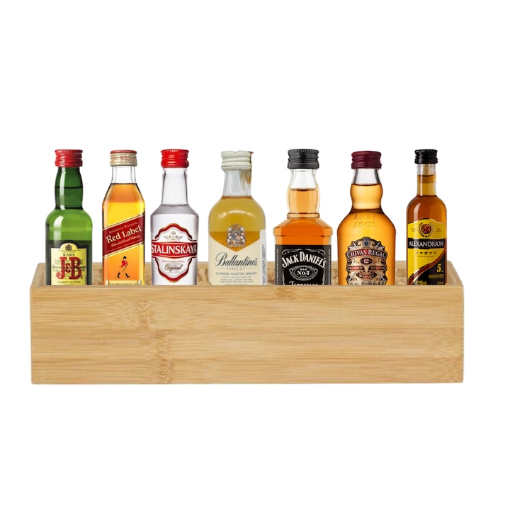Pachet cu o selectie rafinata de 7 mini bauturi spirtoase de 0.05l si cutie de bambus, JACK DANIELS 40%, Johnnie Walker Red Label, Alexandrion 5*, Chivas Regal 12 ani, Ballantine's Finest Whiskey, J&B Rare Whisky, Stalinskaya Vodka