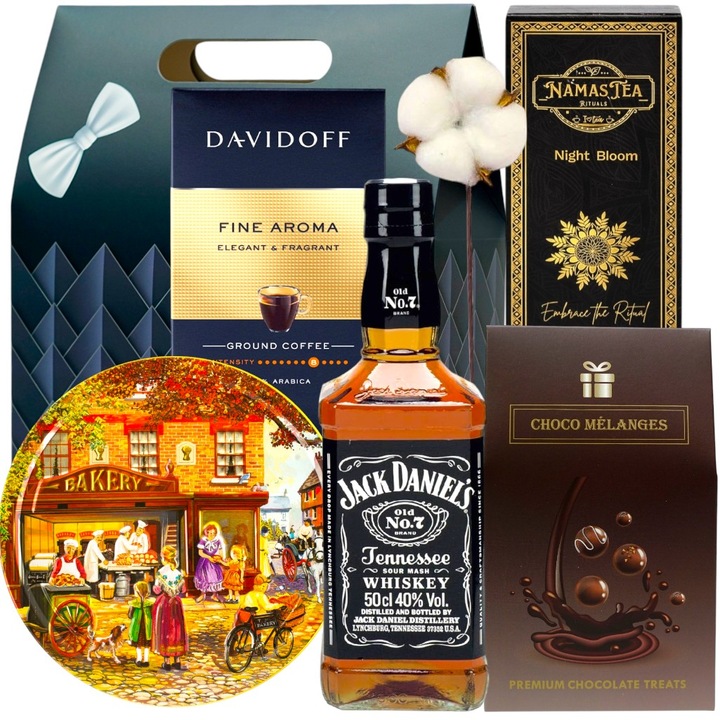 Pachet Cadou pentru Barbati CADOURI RAFINATE – Jack Daniel’s Whiskey, Cafea Davidoff, Fursecuri Daneze in Cutie Metalica de Colectie, Ceai Premium Anniversary Tea, Dulciuri Fine Choco Melanges, Cutie Cadou Eleganta cu Design Masculin, Decorata cu Papion