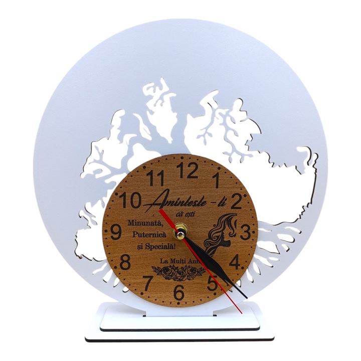 Decoratiune Ceas cu suport, blank pentru licheni naturali stabilizati, cadou personalizat cu mesaj standard pentru "Sotie/Familie/Mama/Nasi", 30cm, alb