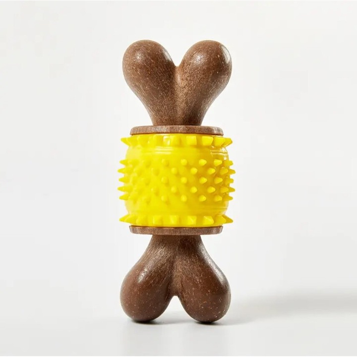 Interaktív kutyajáték, elpusztíthatatlan rágócsont, ideális fogtisztításhoz, sárga szín