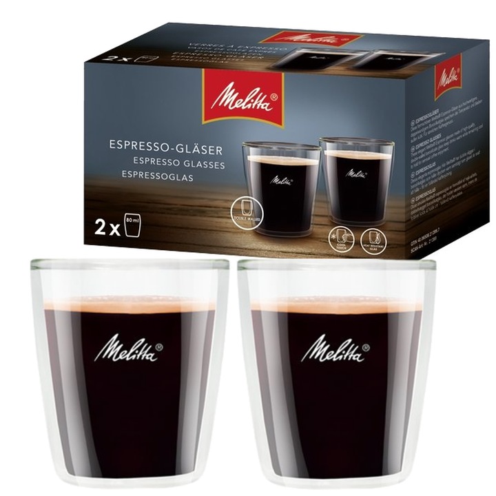 Комплект 2 чаши за еспресо Melitta, 2x80мл, термоустойчиво стъкло, прозрачни, двойна стена