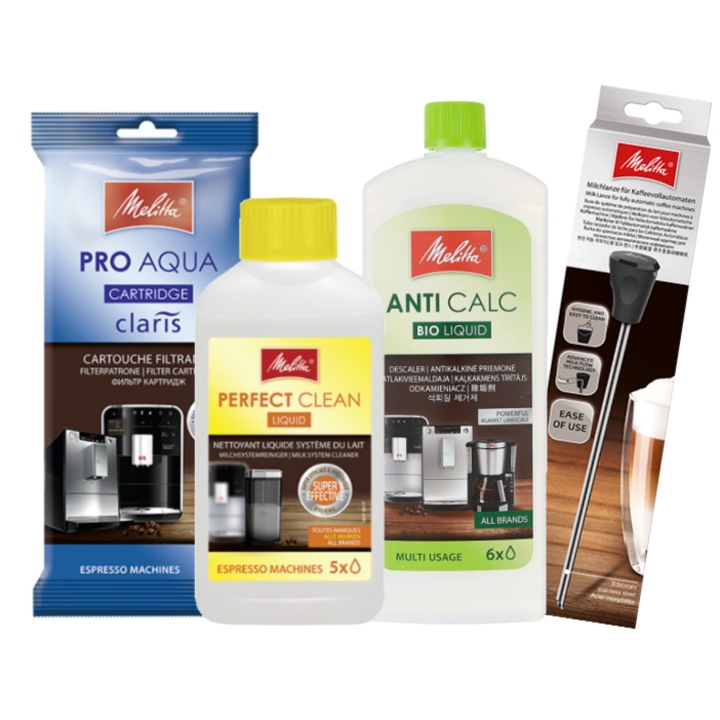 Комплект за поддръжка на кафе машина Melitta с накрайник за разпенване на мляко + филтър PRO AQUA, PERFECT CLEAN LIQUID, ANTI CALC BIO