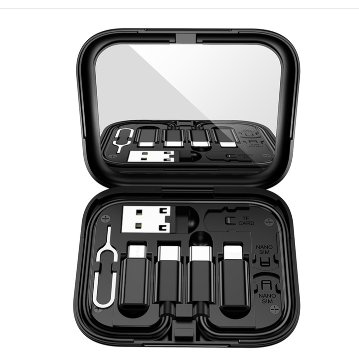Cablu de date 5 in 1, Multifunctional, Organizator cabluri, Incarcare rapida 60W, Suport de telefon cu adaptor compatibil cu USB, Type-C, Lightning, Micro-USB, Negru