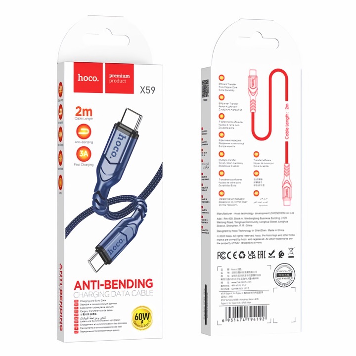 Hoco adat- és töltőkábel, USB-C, PD60W, gyorstöltés, fonott, hajlításgátló, QC3.0, 2 m, kék, kompatibilis a következőkkel: Samsung, Google Pixel, Xiaomi, iPad Air, iPad Pro, MacBook, Dell, Nintendo Switch, iPhone 15/16