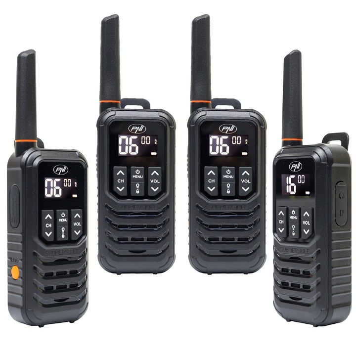 Комплект 4 портативни радиостанции PNI PMR R80 PRO 0.5W, 16 канала, водоустойчив IP67, с LED фенер, SOS бутон, VOX, USB-C