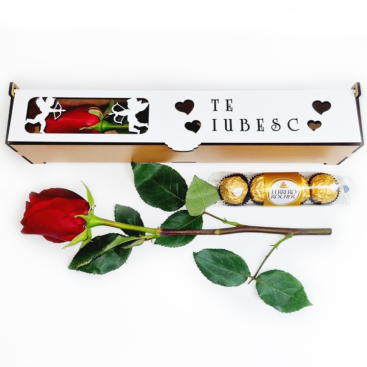 Подаръчен комплект за любимата жена – JOYSTOS, дървена кутия, персонализирана с надпис „Обичам те!“, Купидон, скреч карта