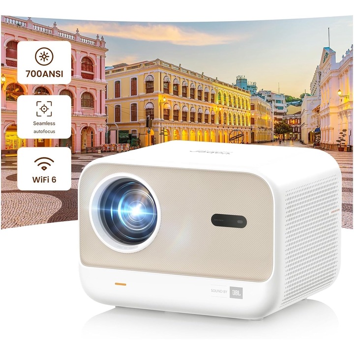 Videoproiector WiFi 6 si Bluetooth 5.1, Full HD 1080P, 700 lumeni ANSI, cu difuzoare JBL, autofocus, corectie trapezoidala verticala, zomm 50%, multifunctional, alb