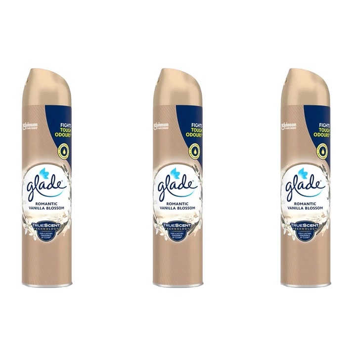 Set 3 x Glade Spray Camera 300ml Romantic Vanilla Blossom, fresh aroma, parfum floral, persistenta indelungata, testat dermatologic, design elegant, ingrediente naturale, prietenos cu mediul, eficacitate maxima, elimina mirosuri neplacute