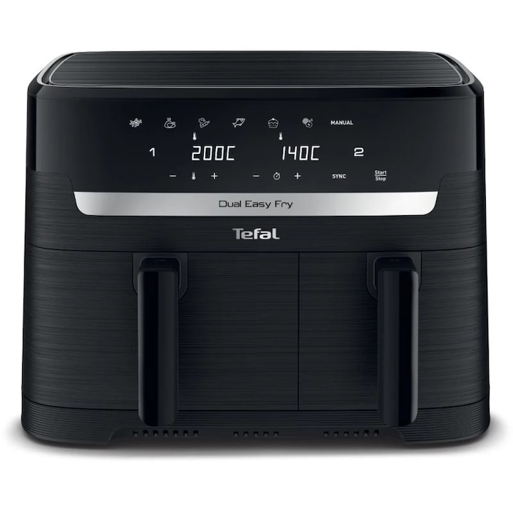 Фритюрник с горещ въздух Tefal Dual Easy Fry EY901N10, Мощност 2700W, 7 програми за готвене, LCD екран, Капацитет 5.2L + 3.1L, Черен