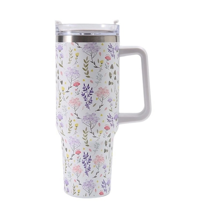 Cana termos din plastic, pentru bauturi calde si reci, cu maner, imprimeu floral, alb, 10x7.6x27.5 cm