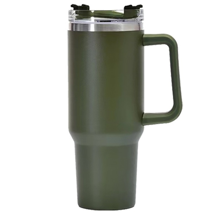 Cana termos din plastic, pentru bauturi calde sau reci, cu maner, 9.9x9.9x27 cm, verde army