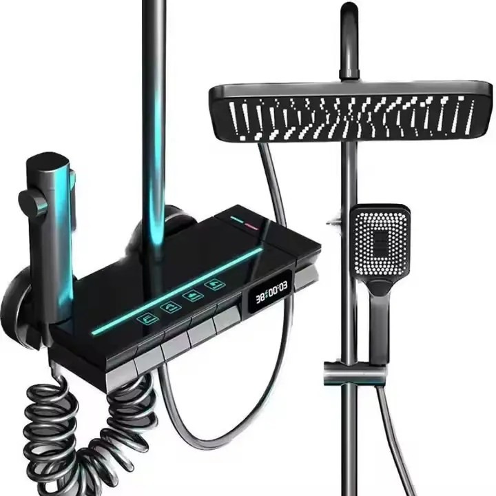 Coloana Dus Smart, Completa, Cu Lumina LED, Set Dus Complet, Display LED Pentru Temperatura Apei, Fara Conectare Retea Electrica, Butoane Piano, Lumina Ambientala, Multiple Jeturi, Argintiu