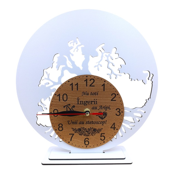Decoratiune Ceas cu suport, blank pentru licheni naturali stabilizati, cadou personalizat cu mesaj standard pentru Doctor/Medic, 30cm, alb