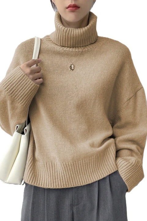 Pulover Dama, Oversize, Cu Guler Inalt Si Maneci Cazute, Apricot