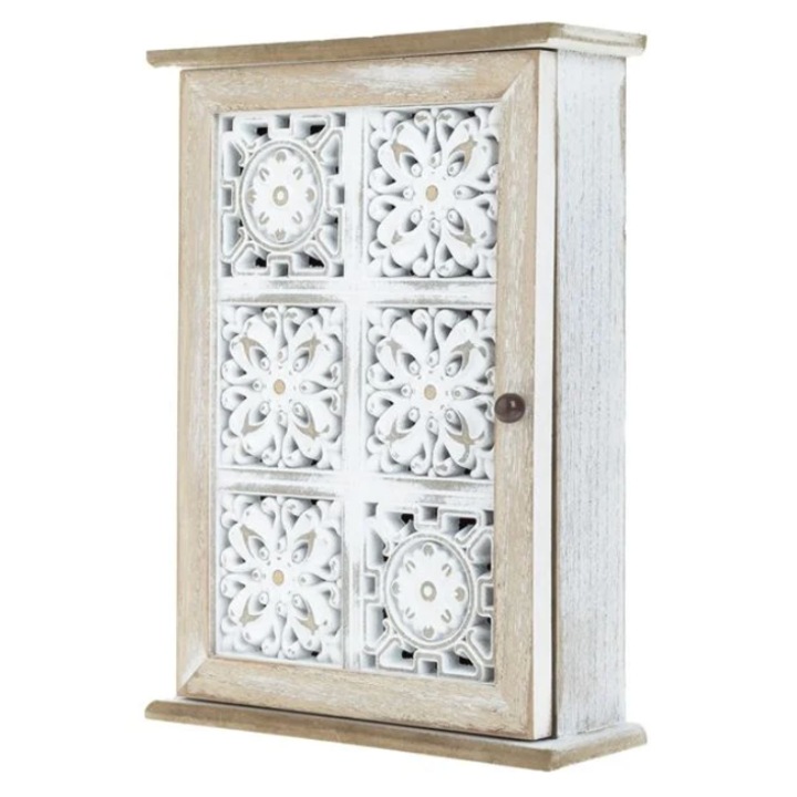 Кутия за ключове от четкано бяло дърво с релефна шарка и врата 21x28,5x7 см