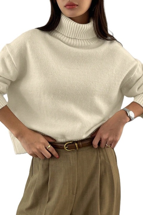 Pulover Dama, Oversize, Cu Guler Inalt Si Maneci Cazute, Bej
