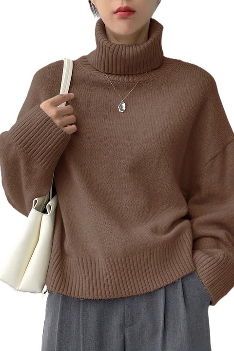 Pulover Dama, Oversize, Cu Guler Inalt Si Maneci Cazute, Maro deschis