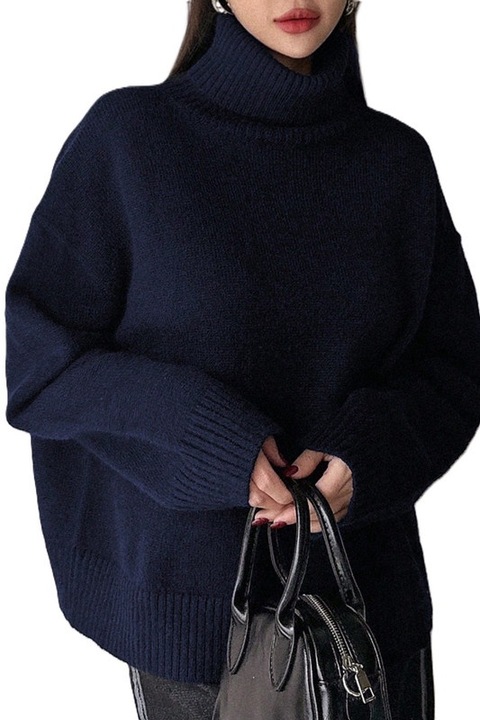 Pulover Dama, Oversize, Cu Guler Inalt Si Maneci Cazute, Albastru marin