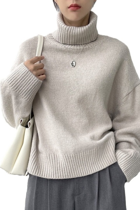 Pulover Dama, Oversize, Cu Guler Inalt Si Maneci Cazute, Gri deschis