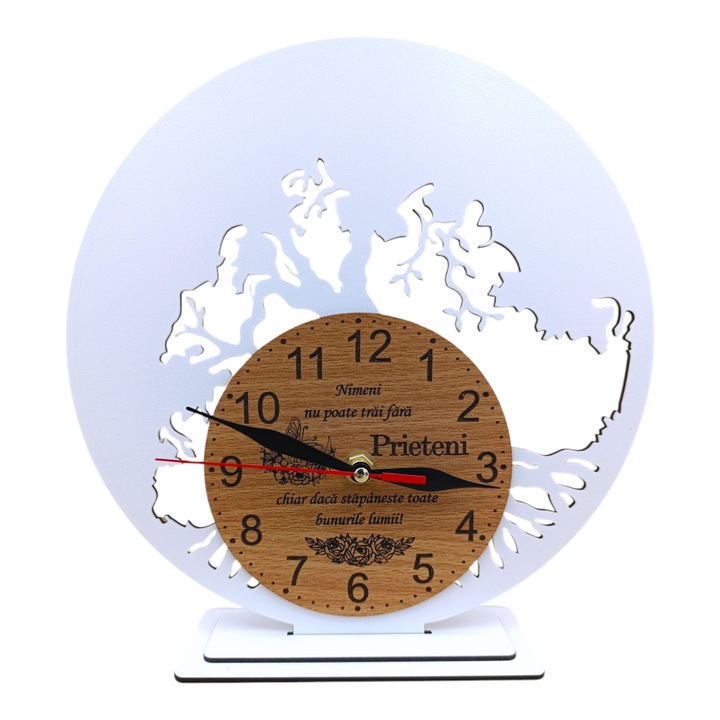 Decoratiune Ceas cu suport, blank pentru licheni naturali stabilizati, cadou personalizat cu mesaj standard pentru Prieten/Prietena, 30cm, alb
