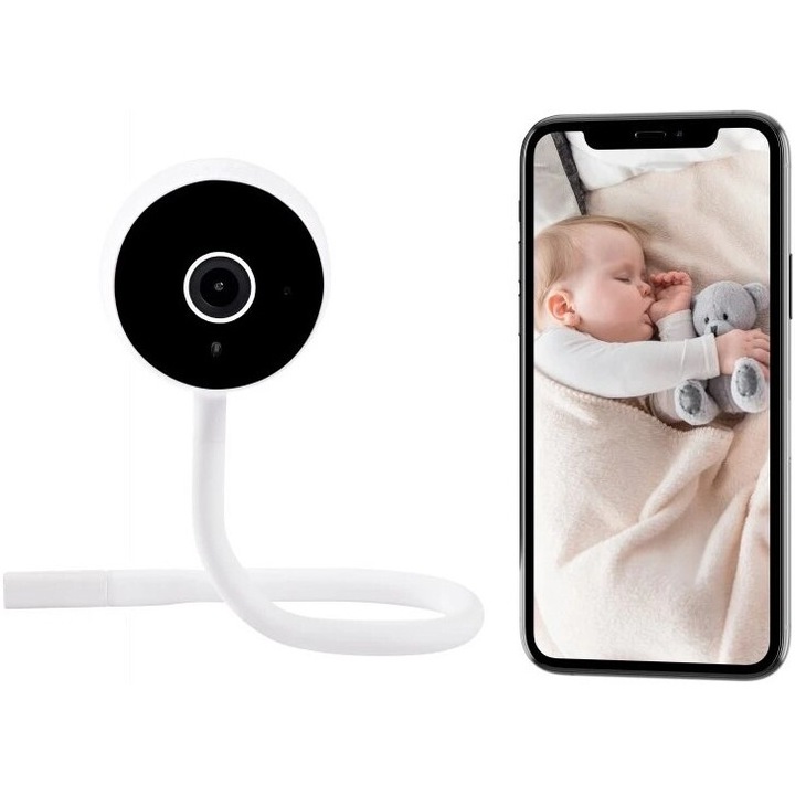 Babafigyelő WiFi rugalmas lábbal HelloKid Mini 5T 3MP HD/éjszakai látás, okostelefon-alkalmazás, walkie talkie, mozgás-/hangérzékelő, hőmérséklet-/páratartalom-riasztás, altatódalok, biztonsági zóna, SD-kártya/felhőtárhely, Google Asszisztens/Alexa, fehér