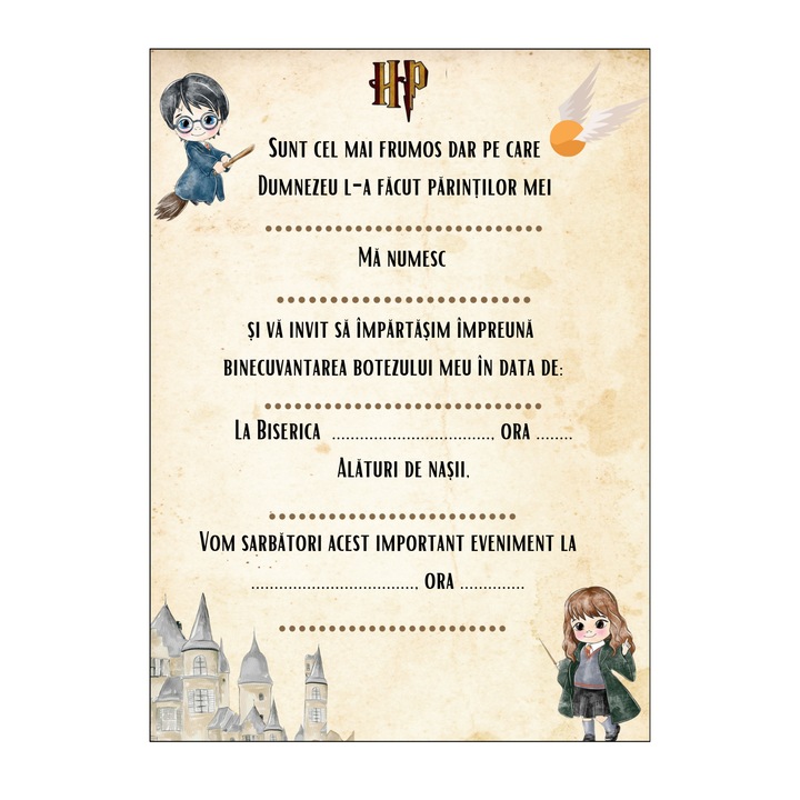 Invitatie botez cu plic 13x18cm, Harry Potter, 10 buc