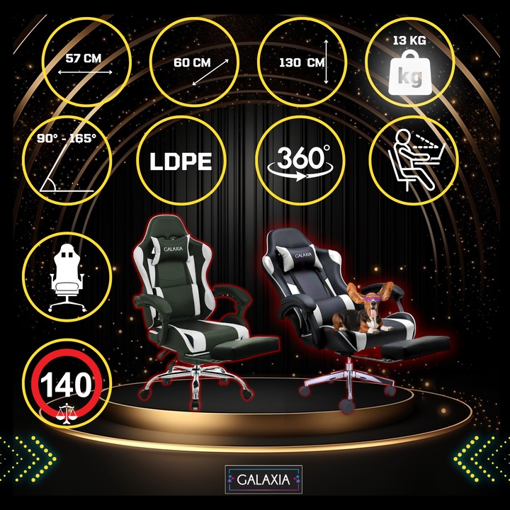 Геймърски стол GALAXIA® Pro от екологична кожа, регулируема ергономична лумбална опора, регулируема възглавница за облегалка за глава, сгъваема на 165° облегалка, до 140 кг - черно бяло