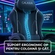 Scaun Gaming pentru Jucatori Galaxia® Negru cu Cusaturi Albe, Obrotabil, Rabatabil 145°, cu Suport pentru Picioar