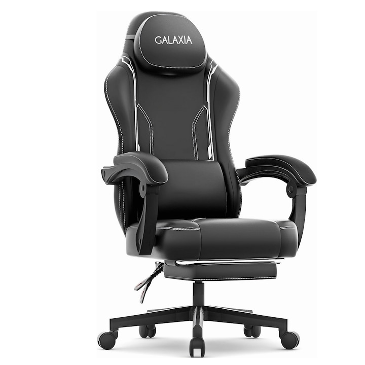 Геймърски стол Galaxia® черен с бели шевове, въртящ се, сгъваем на 145°, с поставка за крака