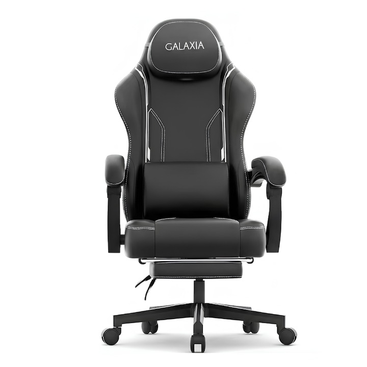 Scaun Gaming pentru Jucatori Galaxia® Negru cu Cusaturi Albe, Obrotabil, Rabatabil 145°, cu Suport pentru Picioar