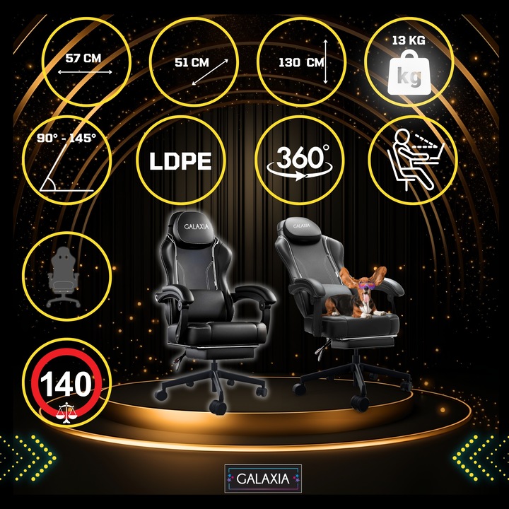 Геймърски стол Galaxia® черен с бели шевове, въртящ се, сгъваем на 145°, с поставка за крака