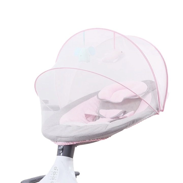 Leagan electric pentru bebelusi, cu plasa de siguranta, Muzica prin Bluetooth si jucarii suspendate, Alimentare duala,4 trepte de viteza, ROZ