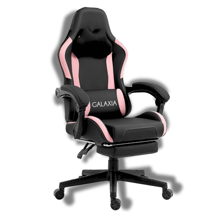 Геймърски стол Galaxia® Pink Edition, изработен от екологична кожа, регулируема ергономична лумбална опора, регулируема възглавница за глава, сгъваема на 165° облегалка, опора за крака, до 140 кг - розово-черно