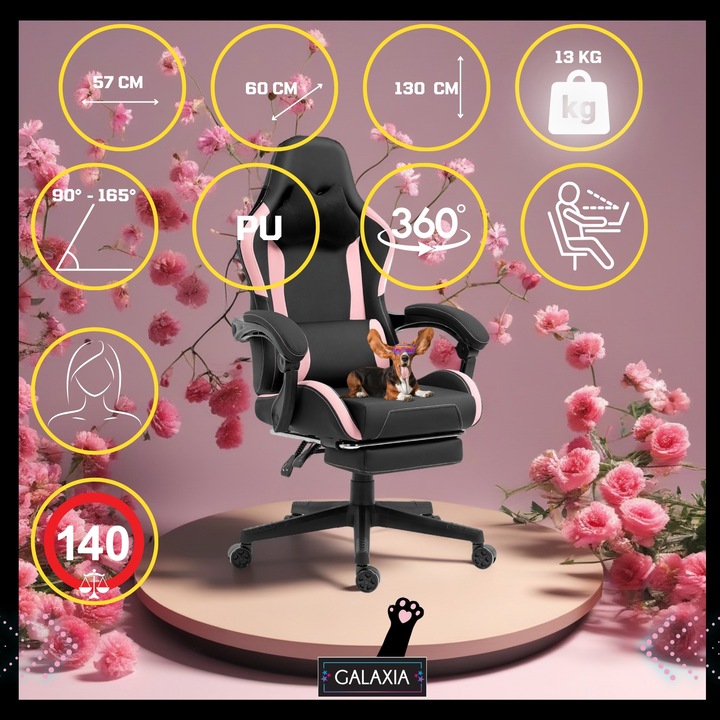 Геймърски стол Galaxia® Pink Edition, изработен от екологична кожа, регулируема ергономична лумбална опора, регулируема възглавница за глава, сгъваема на 165° облегалка, опора за крака, до 140 кг - розово-черно