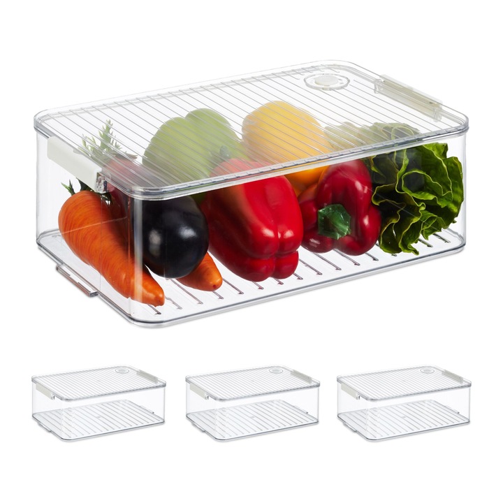 Set 4 cutii organizatoare pentru frigider, afisaj reglabil al datei, plastic, 10, 5 x 21 x 33 cm