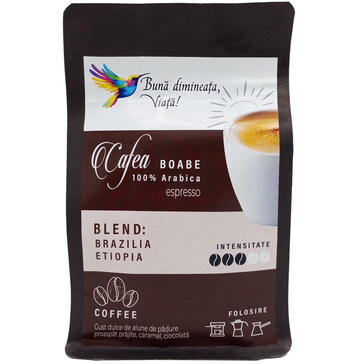 Cafea boabe 100% arabica (Blend: Brazilia/Etiopia) "Buna Dimineata!", 250g, Viata Ca Un Curcubeu