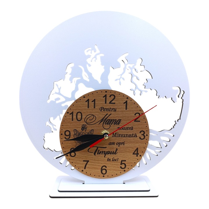 Decoratiune Ceas cu suport, blank pentru licheni naturali stabilizati, cadou personalizat cu mesaj standard pentru Sotie/Prietena/Mama, 30cm, alb