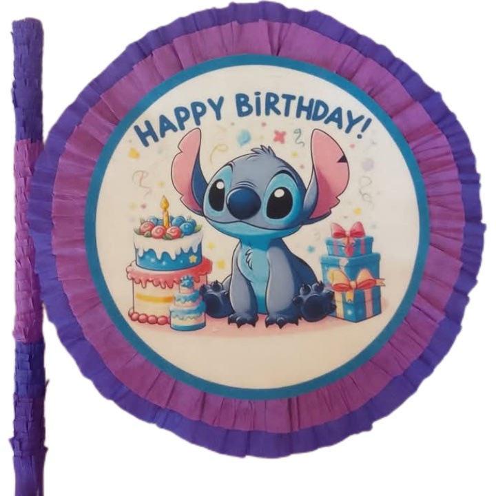 Piñata Stitch rotunda cu bat – handmade Romania – petrecere copii