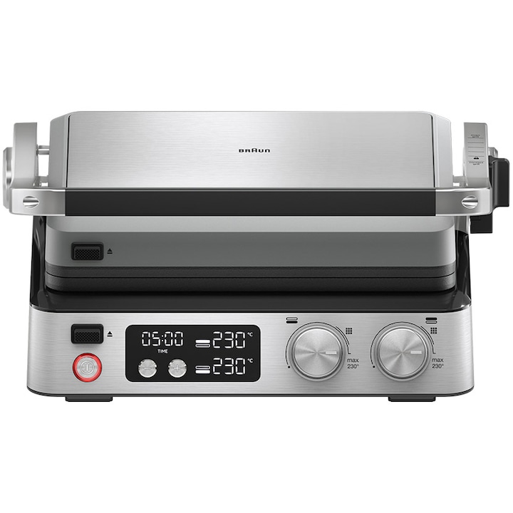 Gratar electric BRAUN MultiGrill CG7044, 2000W, 3 moduri de gătire, 2 zone de gatit cu termostate electronice independente, 2 seturi de plăci detasabile, deschidere 180°, tava scurgere detasabila, argintiu