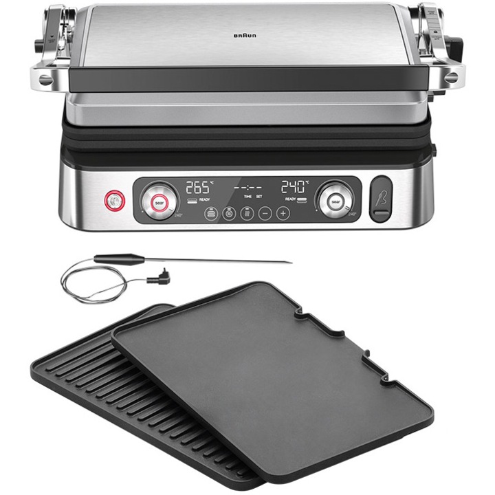 Мултифункционална електрическа скара Braun MultiGrill 9Pro CG9160, 2200 W, 3 режима на готвене, Максимална температура 265˚C, 3 програми, Функция Sear, Термометър за готвене, 1 комплект чинии, Сребрист/Черен