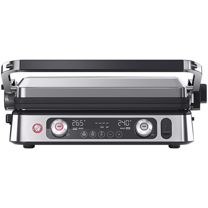 Gratar electric Braun MultiGrill 9 Pro CG9167, 2200 W, 3 moduri de gatire, 2 zone de gatit, 3 programe automate, sonda termica, 3 seturi plăci detasabile, deschidere 180°, functie Sear, tava scurgere detasabila, argintiu