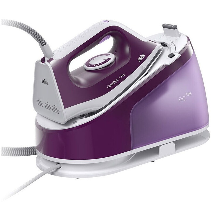 Гладачна станция Braun CareStyle 1 Pro IS1514VI, 2200 W, 6 бара, Керамична плоча, 1,7 л резервоар, Изходна пара 400 гр/мин, Бял/Лилав
